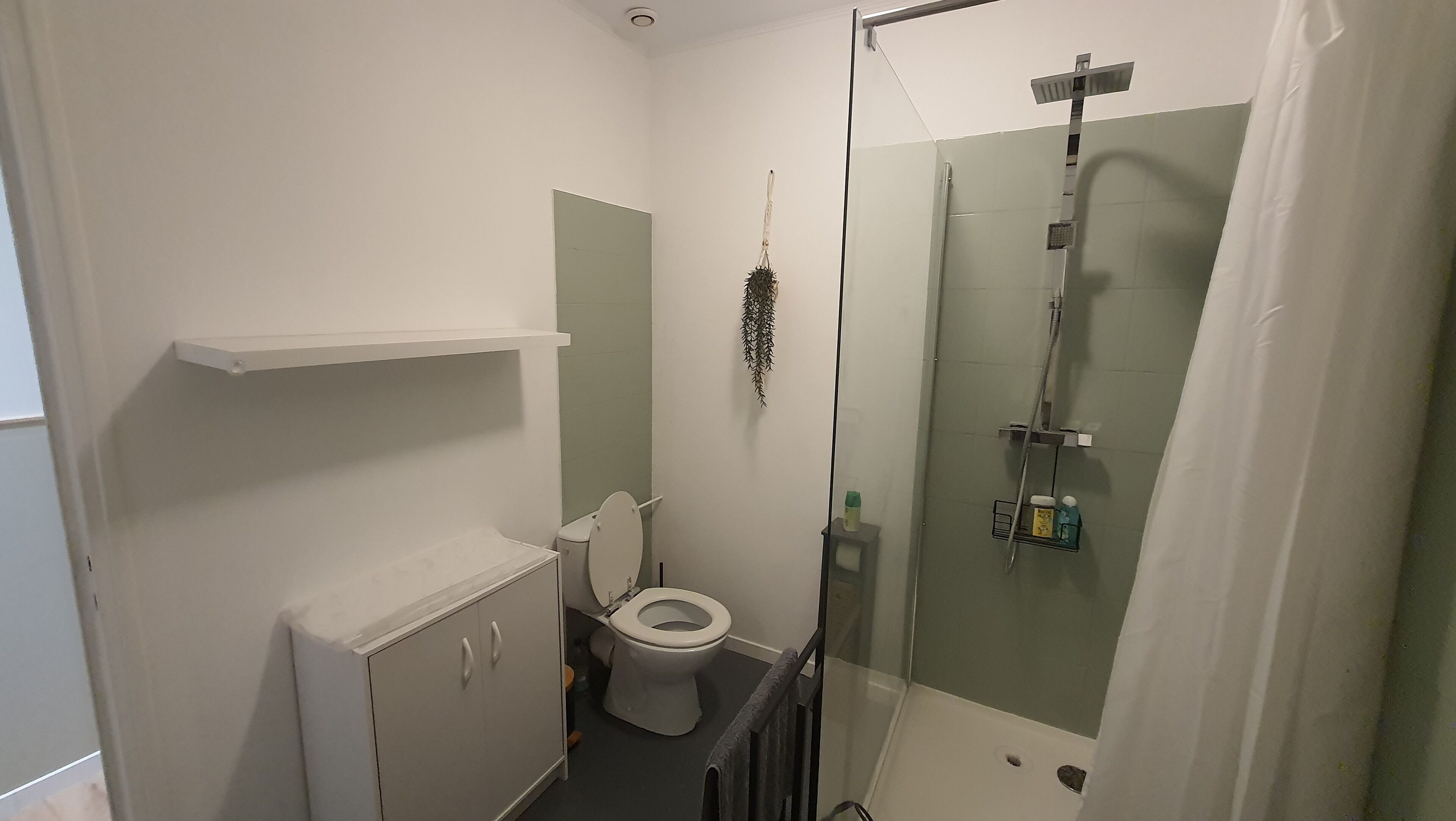 Une petite salle de bain comprenant des toilettes, une douche et une petite étagère où sont rangés les articles de toilette.