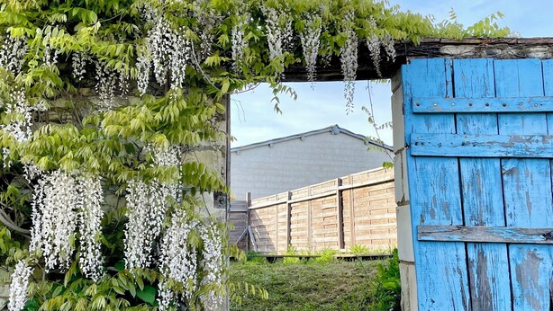 Un mur de pierre avec une porte en bois et un bâtiment en arrière-plan.