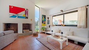 A living room with a fireplace, a sofa, a coffee table, and artwork on the walls. - Apartment 'Villa Ada' with Wi-Fi and Air Conditioning (Cozze)