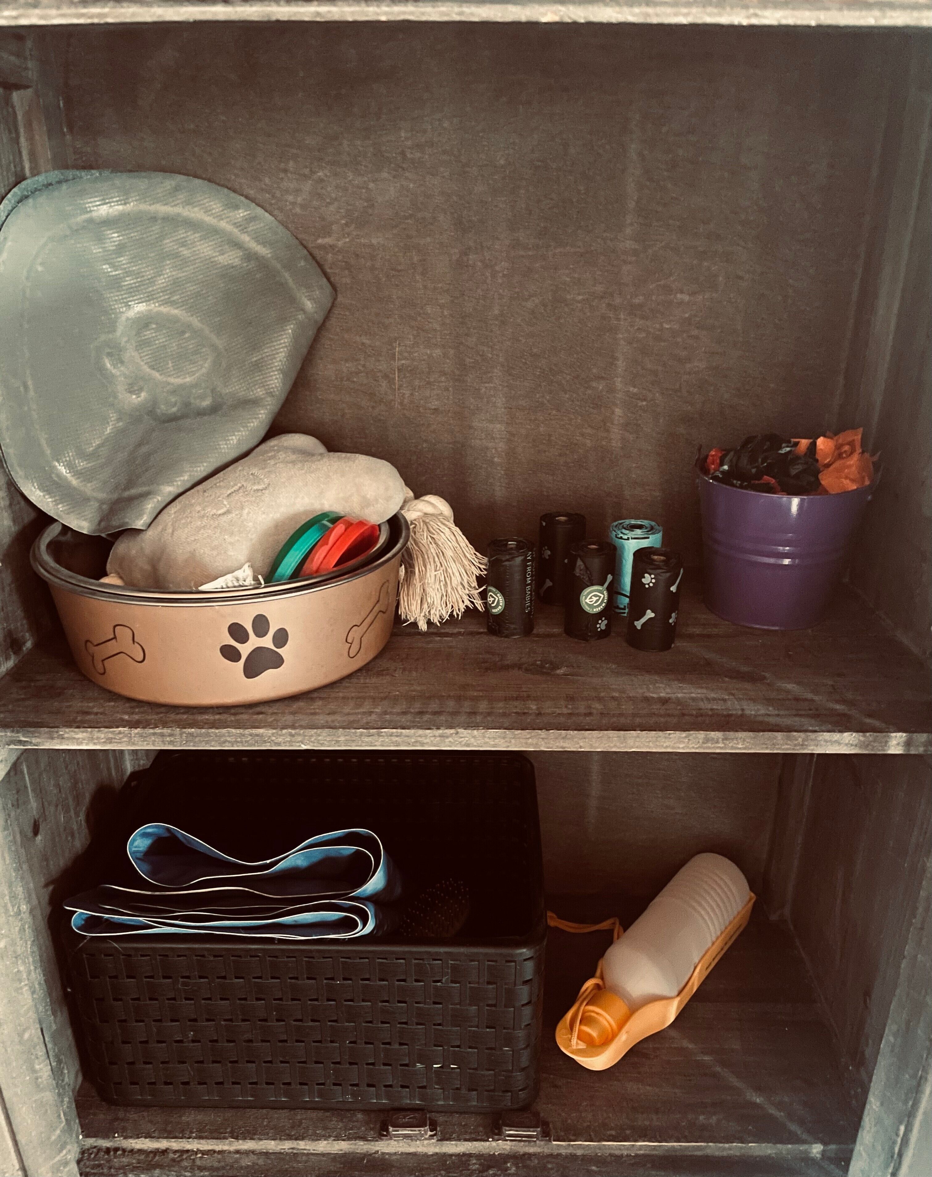 A storage unit with a pet bed, a bowl, a toy, and a container with items.
