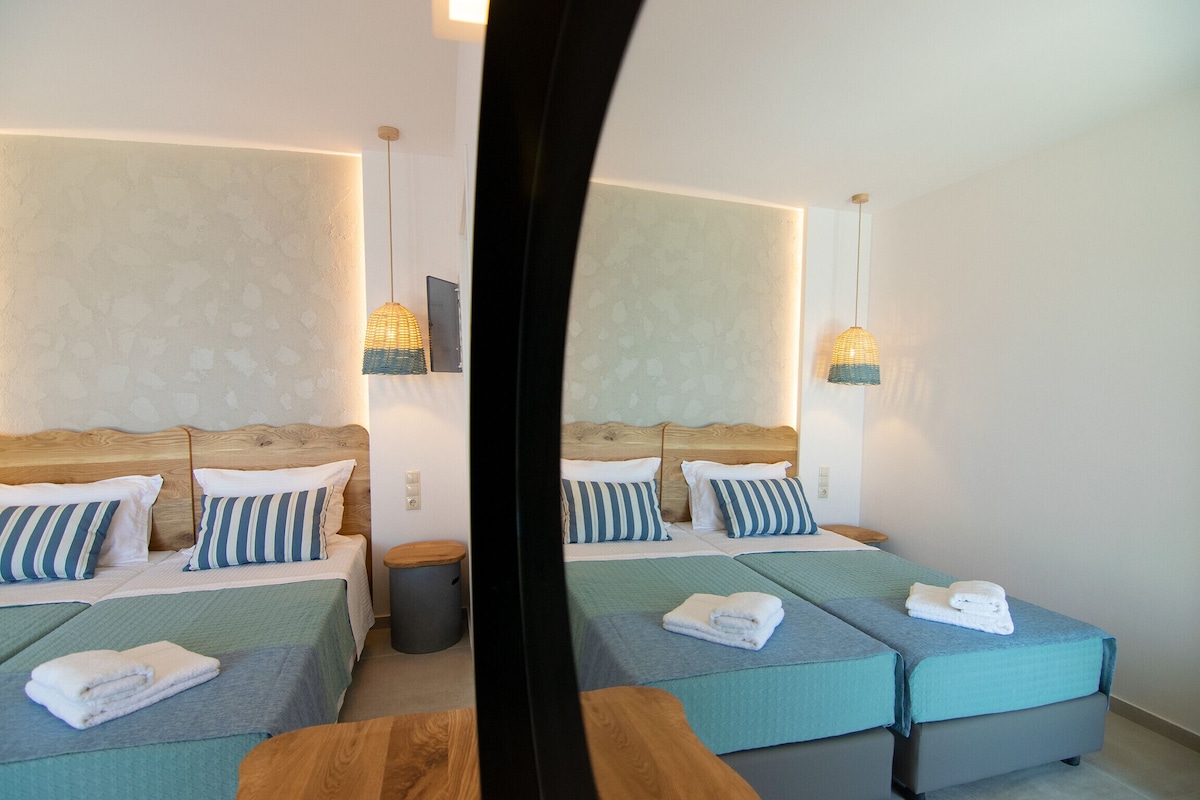 Habitación de hotel con dos camas, cada una con almohadas a rayas, un cabecero de madera y un cubo de basura pequeño.