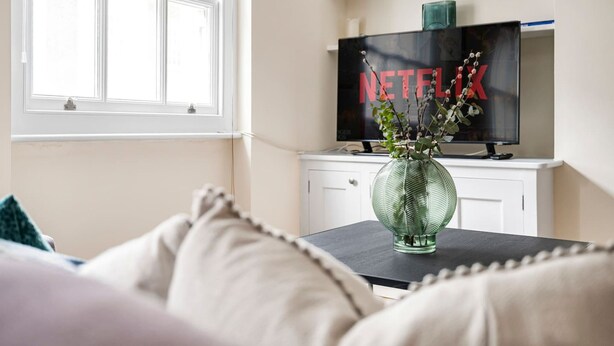 Una sala de estar con una televisión mostrando el logotipo de Netflix, un florero con una planta y una ventana con persianas.