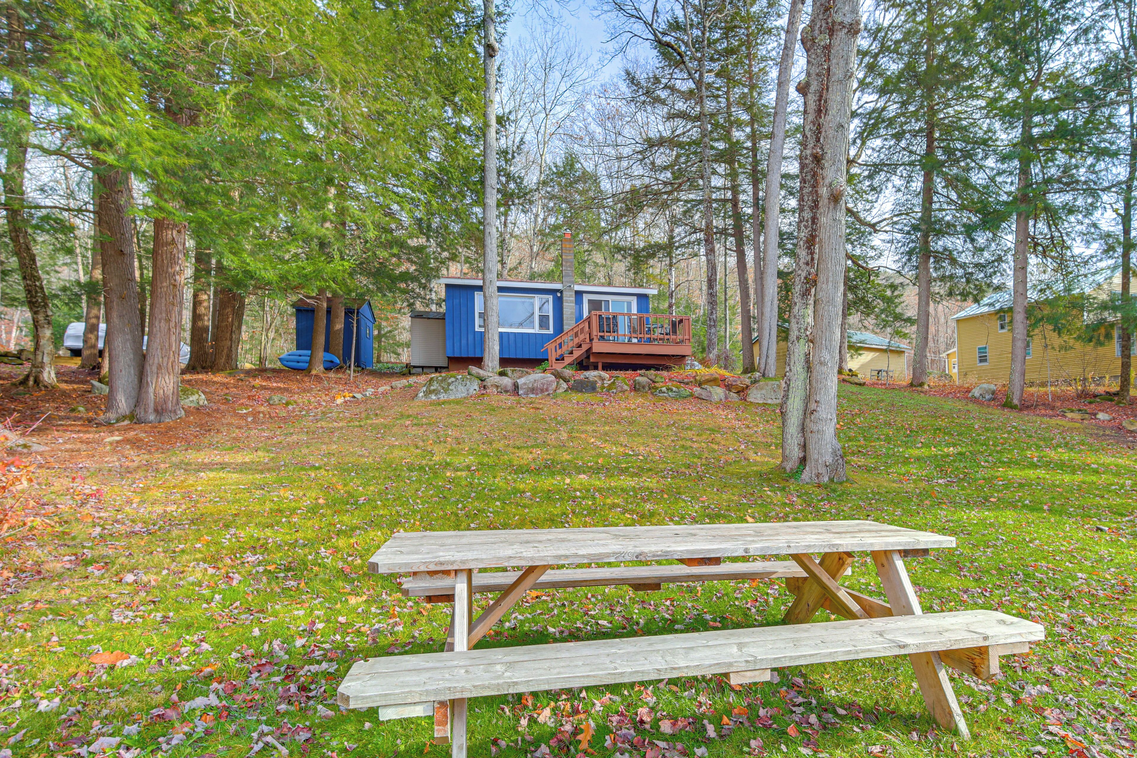A wooden picnic table in a grassy area with a small cabin in the background surrounded by trees.