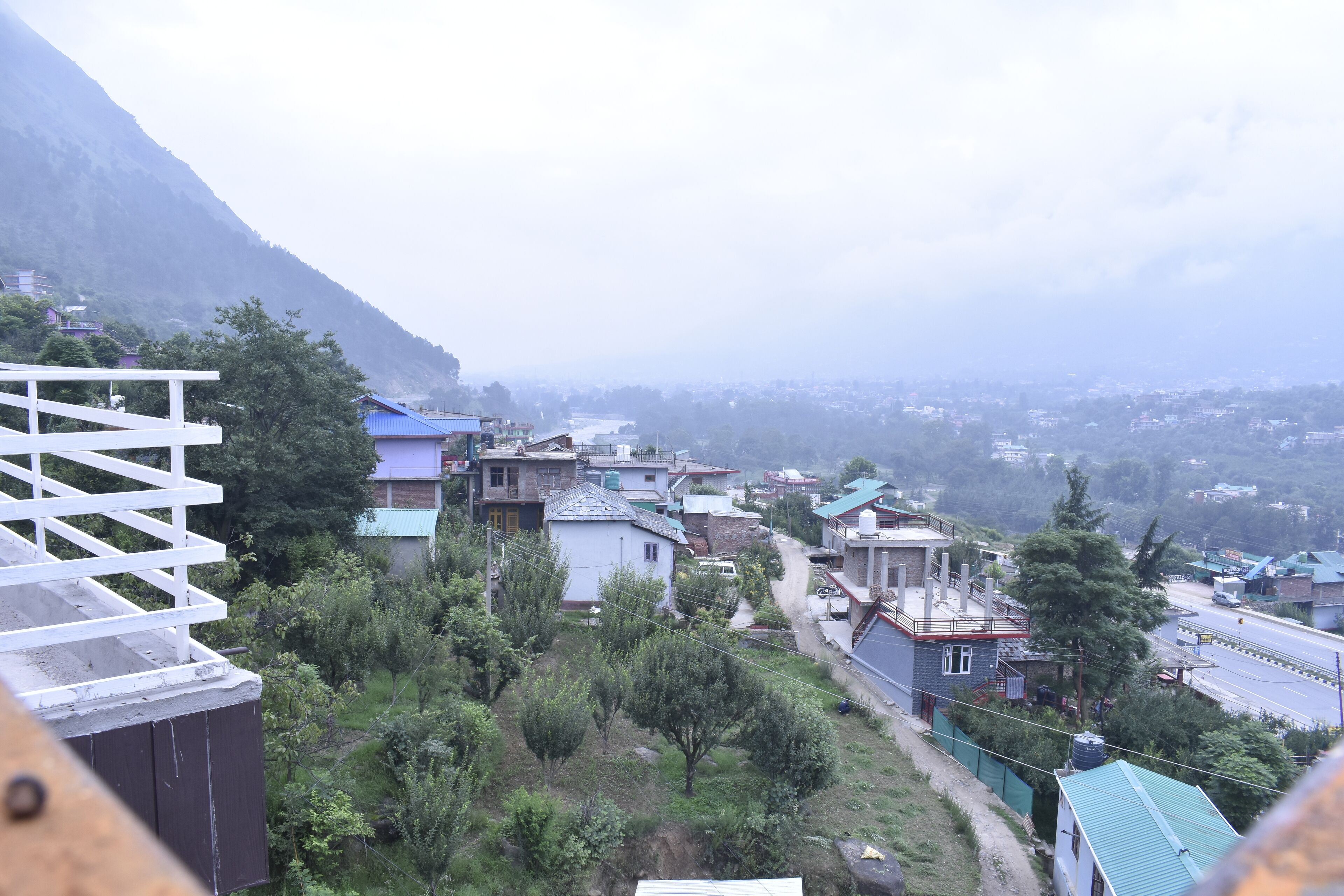 A residential area with houses, a road, and a mountain in the background.