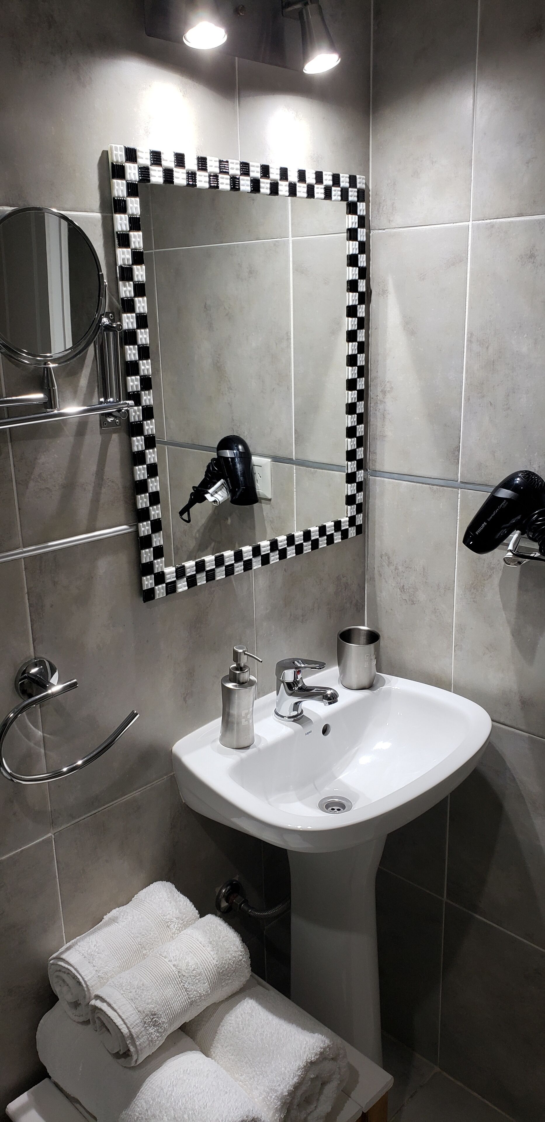 Hair dryer, bidet, towels, soap