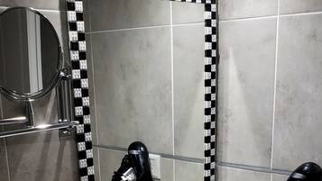 Hair dryer, bidet, towels, soap