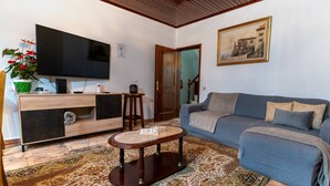 Una sala de estar con televisor de pantalla plana, un sofá, una mesa de centro y un tapete estampado.