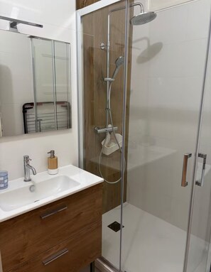 Hair dryer, towels, soap