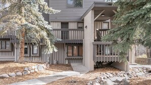 A modern building with a stone pathway, a wooden fence, and evergreen trees. - Brooktree Condos D221 2 Bedroom Condo (Vail)