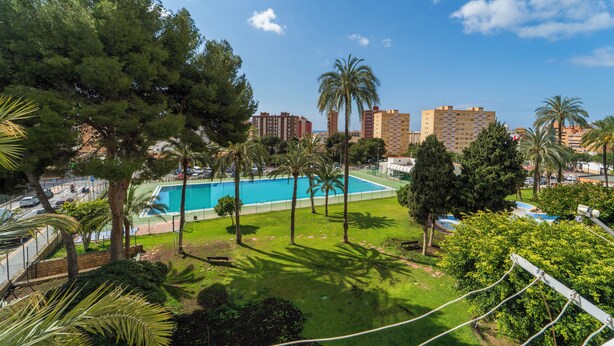 Zona de piscina con palmeras, césped y vistas de edificios circundantes.
