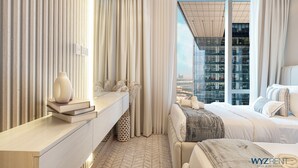 A modern hotel room with a large bed, a vanity with a mirror, and a view of a cityscape through floor-to-ceiling windows. - WYZ RENT|2BR Vida Dubai Mall Direct Mall Access (Dubai)