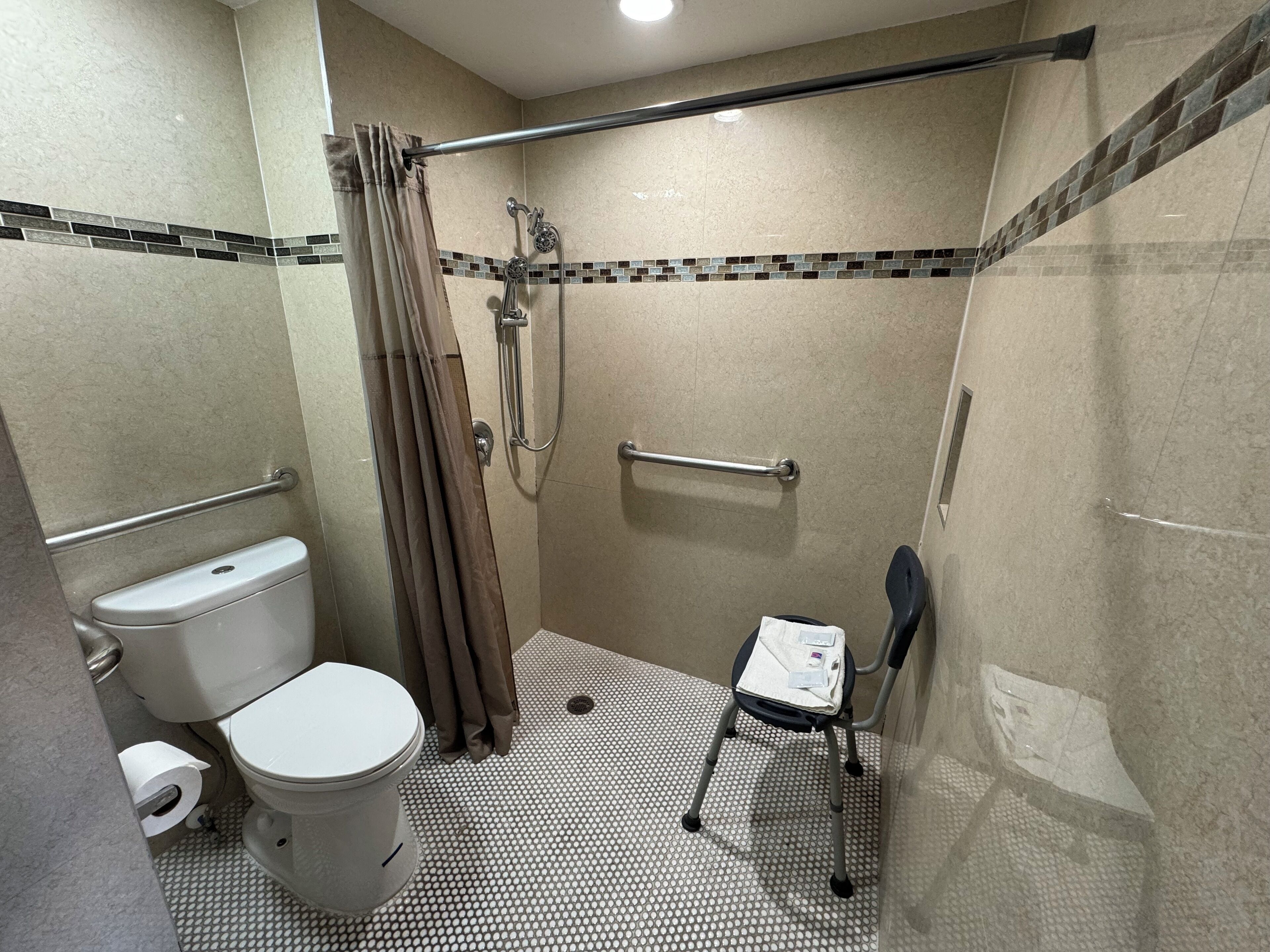 A wheelchair-accessible shower stall with a toilet and a chair.