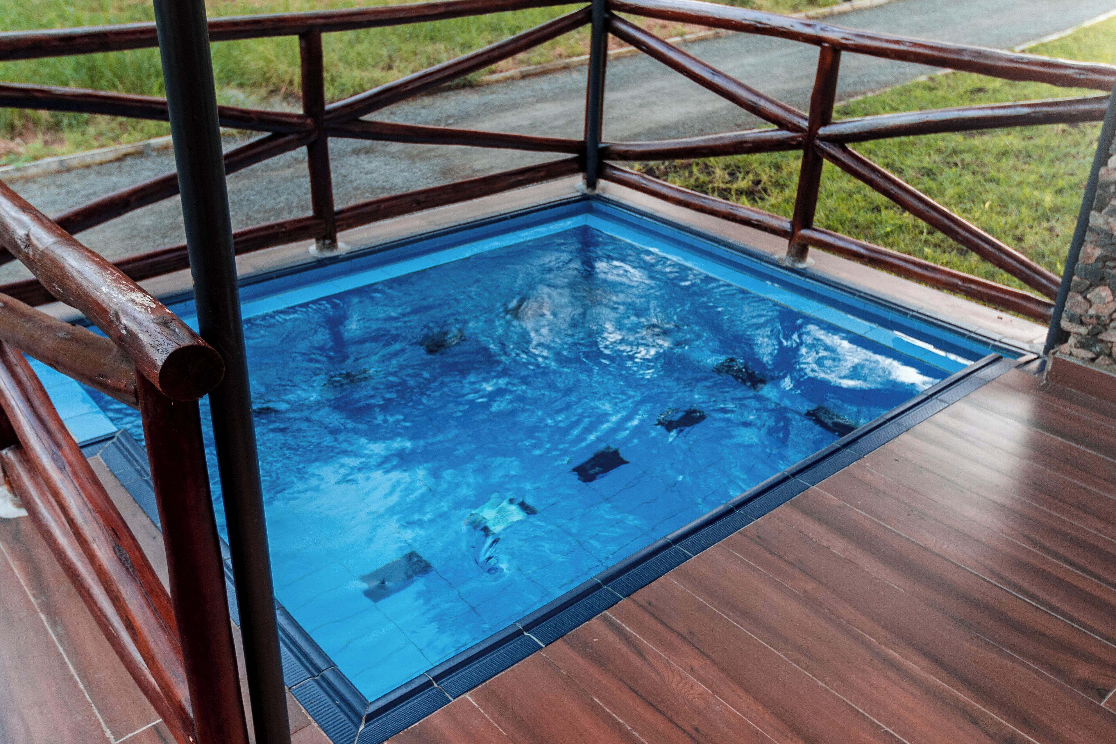 Piscina de formato quadrado com deck de madeira e grades de metal.