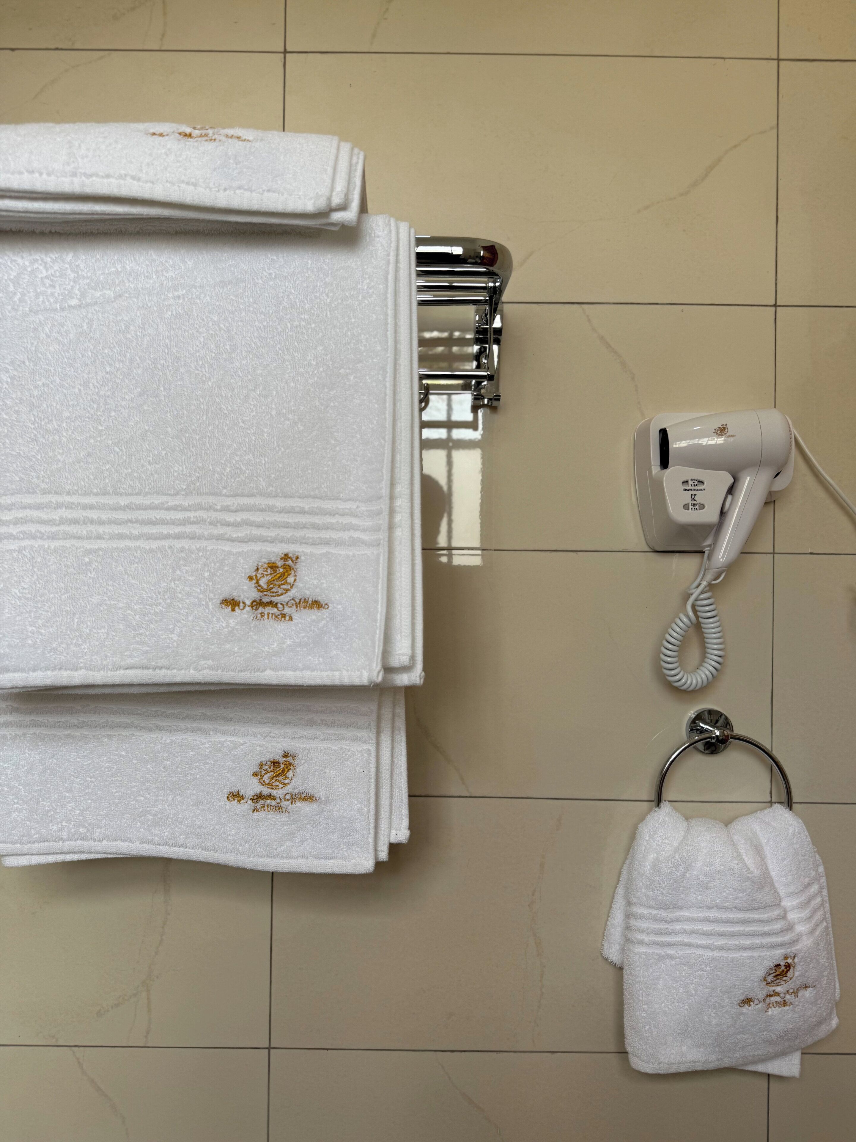 A bathroom with a towel rack holding folded towels, a hairdryer, and a towel ring with a towel.