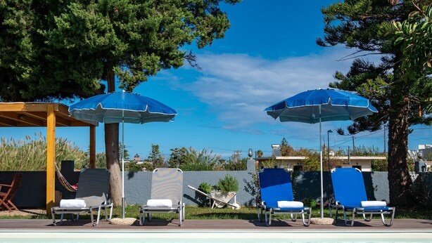 Un espace piscine agrémenté de chaises longues et de parasols, entouré d’arbres et surplombé d’un ciel dégagé.