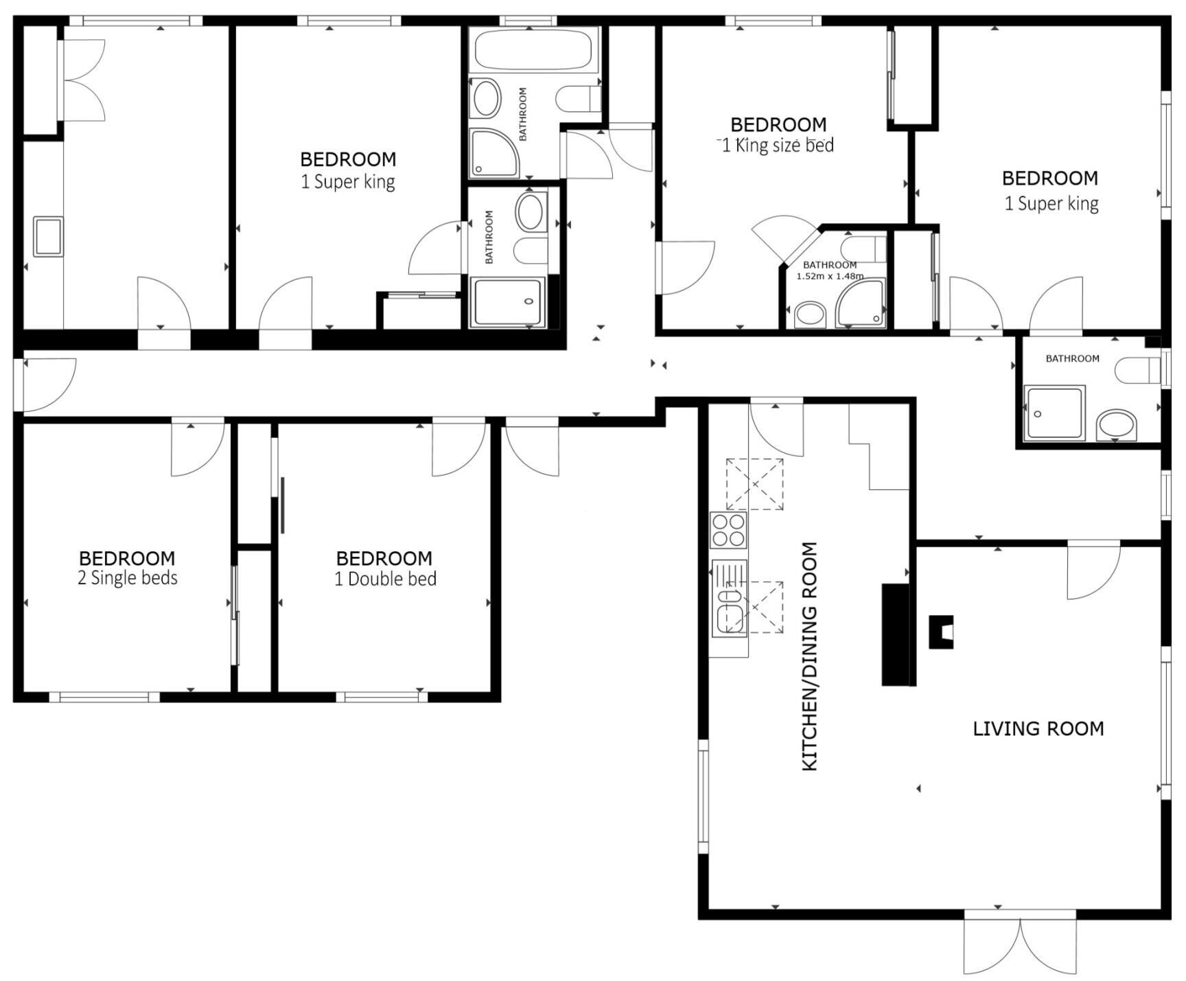 Plano de planta que muestra varias habitaciones, una cocina-comedor y una sala de estar.