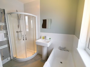Shower, hair dryer, towels, toilet paper