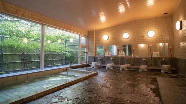 Eine öffentliche Sauna mit mehreren Bänken, Steinboden und großen Fenstern mit Blick ins Grüne.
