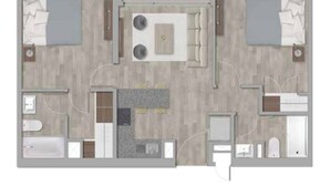 A floor plan of a hotel room with two beds, a sitting area, a kitchenette, and a bathroom. - Kasa y Familia 724 (Valdivia)