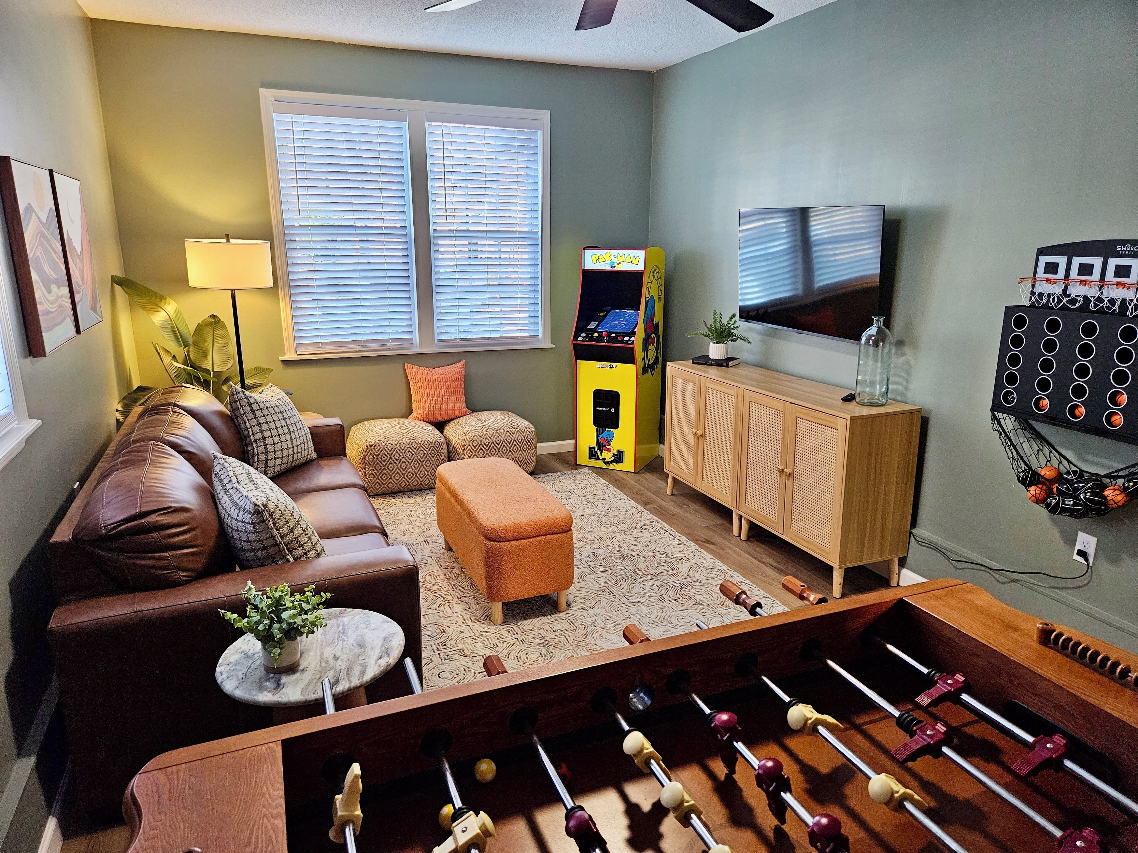 Smart TV, video games, table football, ping pong