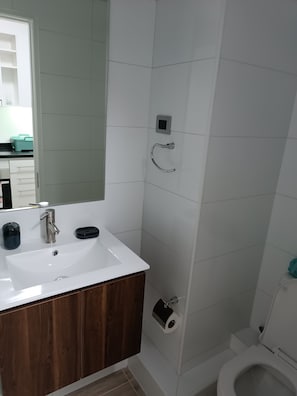 Hair dryer, towels, toilet paper