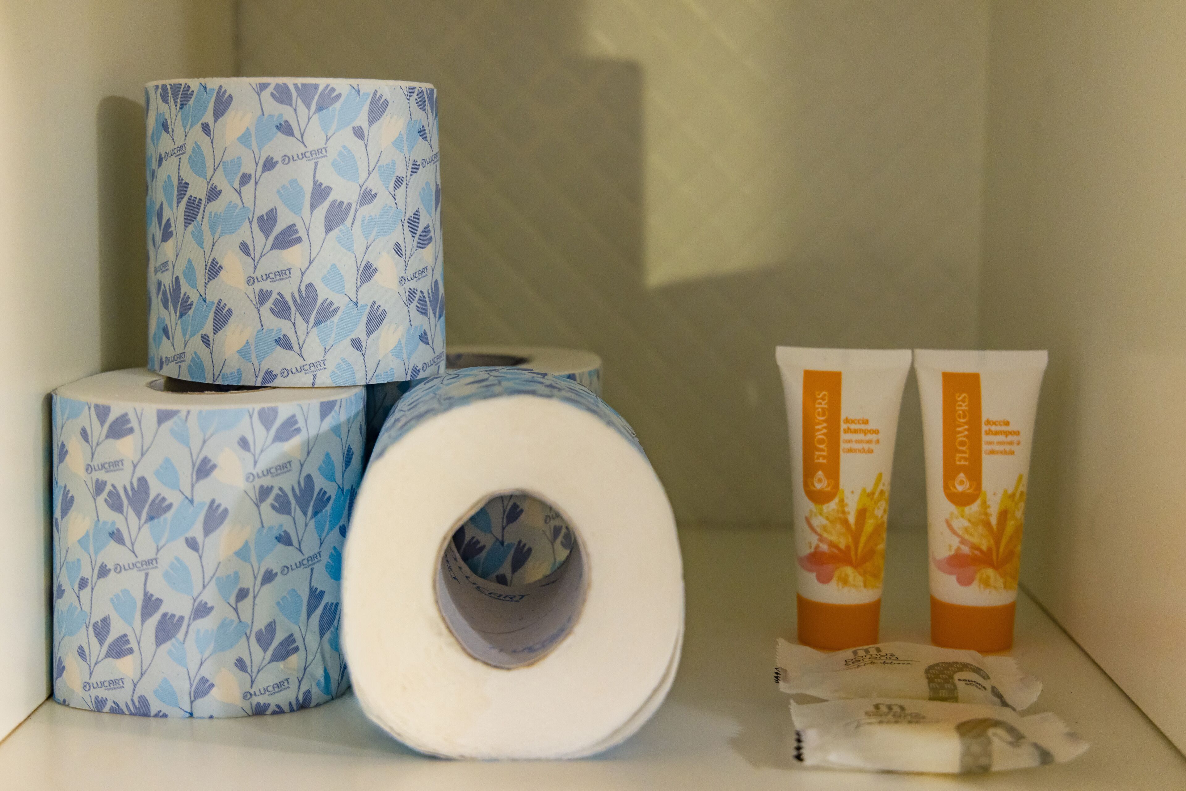 Toilet paper and toiletries on a shelf.