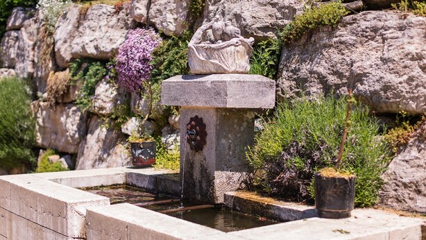 A stone fountain with a statue, surrounded by a stone basin and potted plants. - Gîte Crèmouille – In the Heart of the Vercors Regional Natural Park (Saint-Agnan en Vercors)