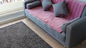 A modern living room with a grey sofa, pink and grey cushions, and a black rug. - Kasa and family 522 (Valdivia)