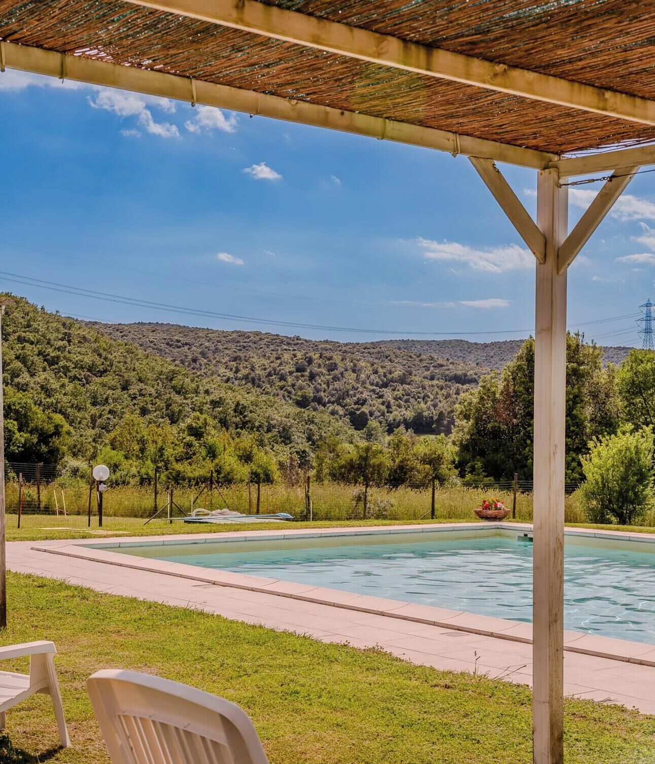 Une piscine surmontée d’une pergola, entourée d’une pelouse et d’arbres, avec des collines en arrière-plan.