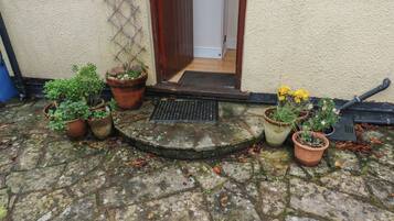 A stone-paved entrance with potted plants and a door leading inside.