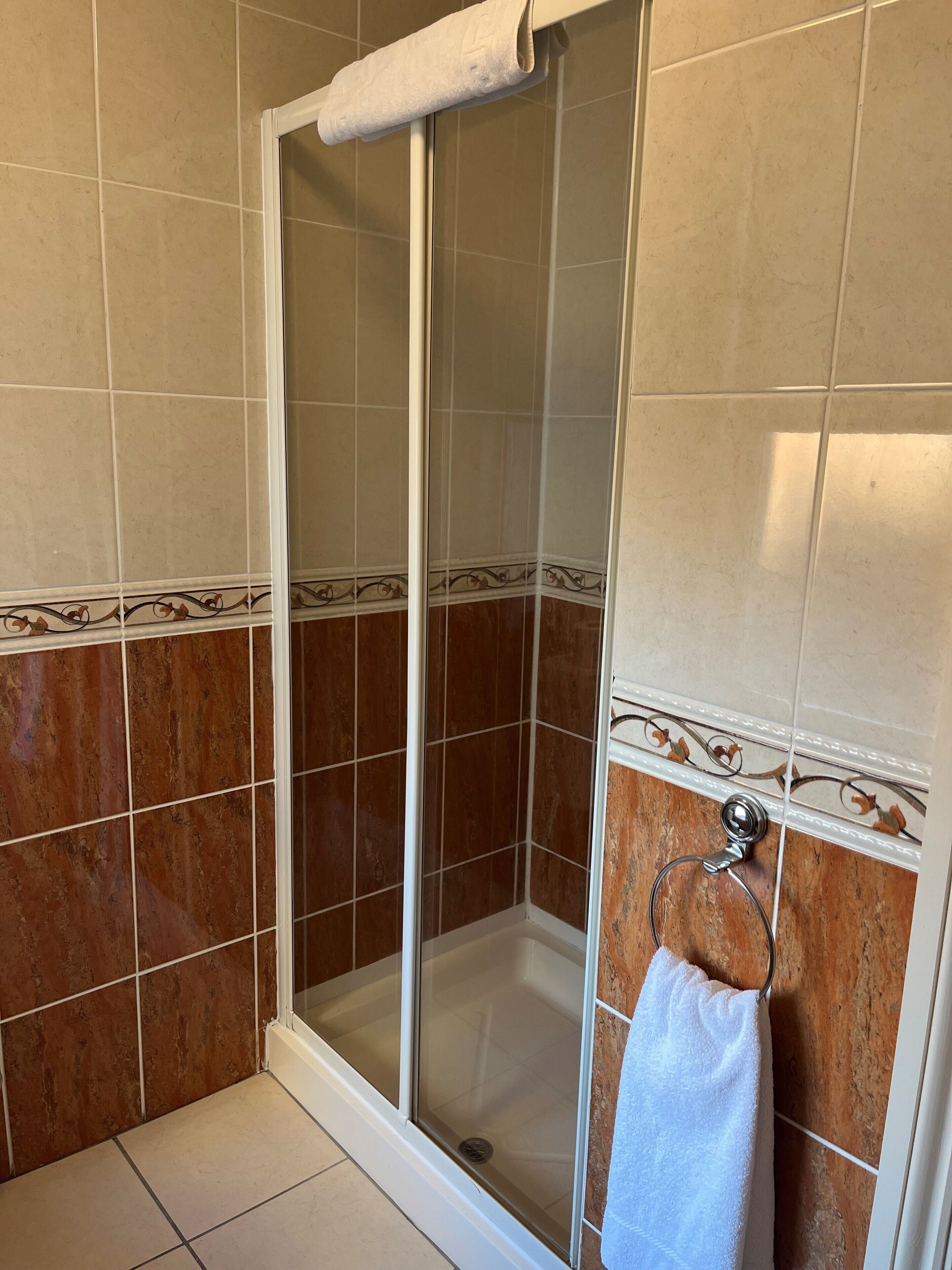 Ducha con puerta de vidrio, una toalla blanca colgada de un aro metálico y suelo de baldosas.