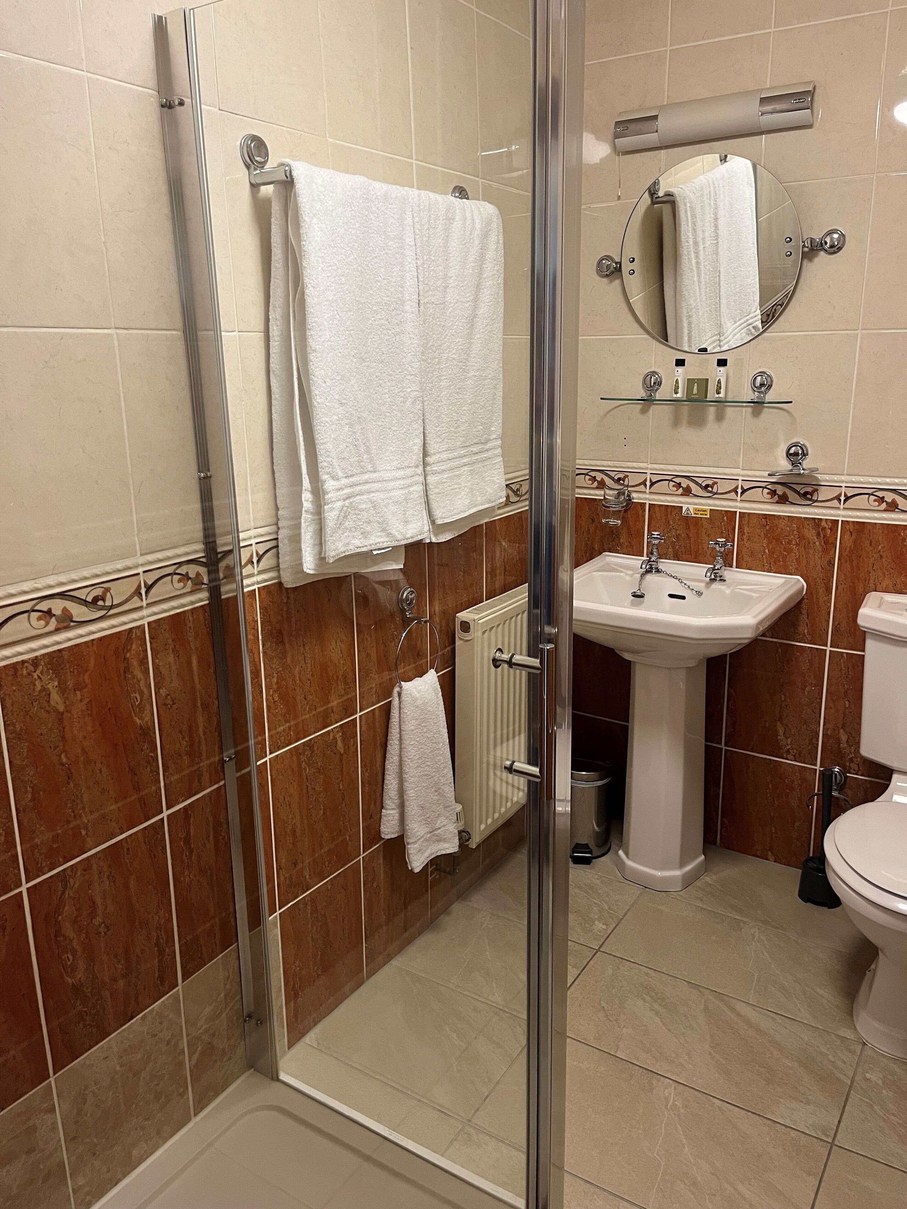 Een badkamer met een glazen douchecabine, een wastafel op een zuil, een toilet en een spiegel boven de wastafel.