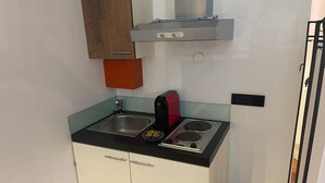 A compact kitchenette with a sink, a red electric kettle, and a stovetop. - Studio for 2 in Konstanz (Konstanz)