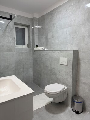 Een douche, een haardroger, handdoeken, zeep