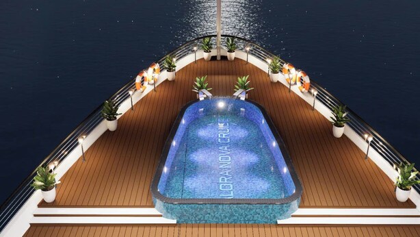 A pool area on a cruise ship with a central pool and potted plants along the deck. - Halora Nova Cruise (Tuan Chau)