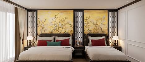 A double bed room with two nightstands, a painting on the wall, and a window with curtains.