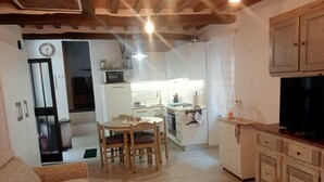 Un salon confortable avec un canapé, une table basse et un téléviseur. On aperçoit une cuisine avec un coin repas au fond de la pièce.