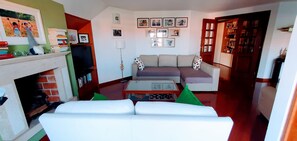 A living room with a fireplace, a sofa, a coffee table, and a bookshelf. - Room "A Splendid Room in Wonderful Rome" with Private Terrace, Wi-Fi, and Air Conditioning (Roma)