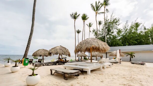 Een strandlounge met rieten parasols, ligstoelen en plantenpotten.
