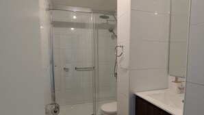 A modern bathroom with a glass shower enclosure, a toilet, and a sink with a mirror. - Kasa and family 809 (Valdivia)
