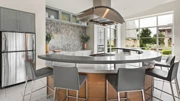 Fridge, dining table