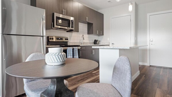 Fridge, dining tables