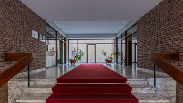 A grand staircase with a red carpet leading to a door, flanked by brick walls and potted plants. - The Billiards Flat by Wonderful Italy (Turin)