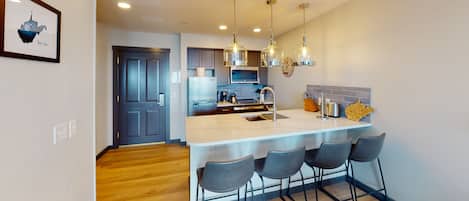 Fridge, microwave, oven, dishwasher