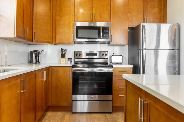 Fridge, dining tables