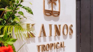 Una pared con el texto 'KAINOS TROPICAL' y un logotipo de palmera.