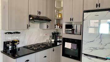 Fridge, microwave, oven, coffee/tea maker