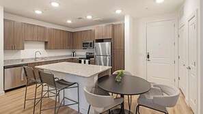 Fridge, dining tables