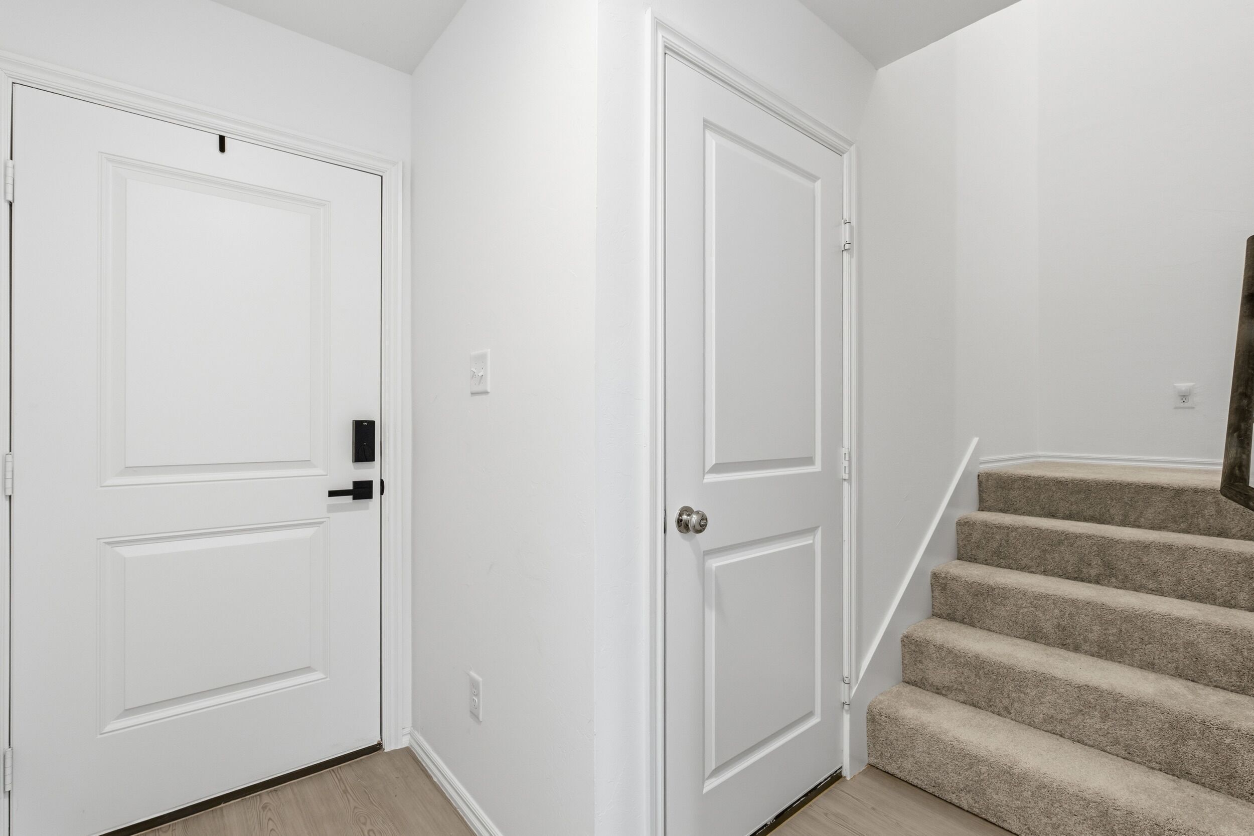 A hallway with two white doors, a carpeted staircase, and a light switch on the wall.