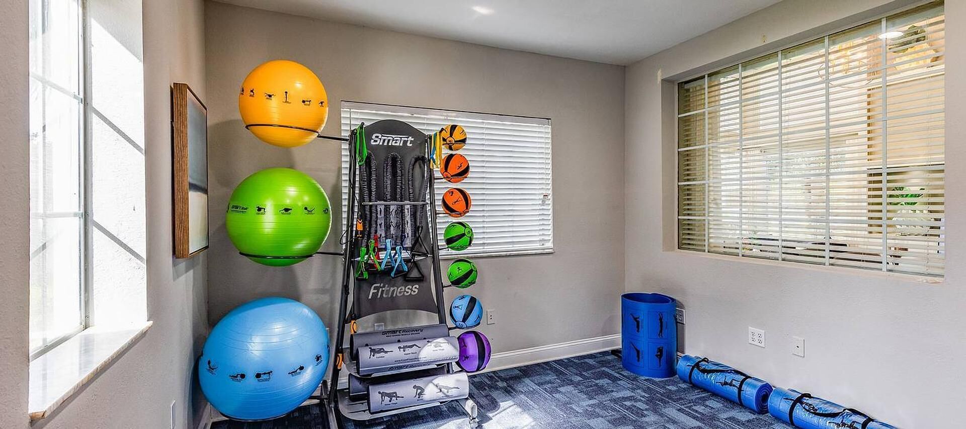 A hallway with exercise equipment, including a wall-mounted rack with various exercise balls and a Smart Fitness machine.